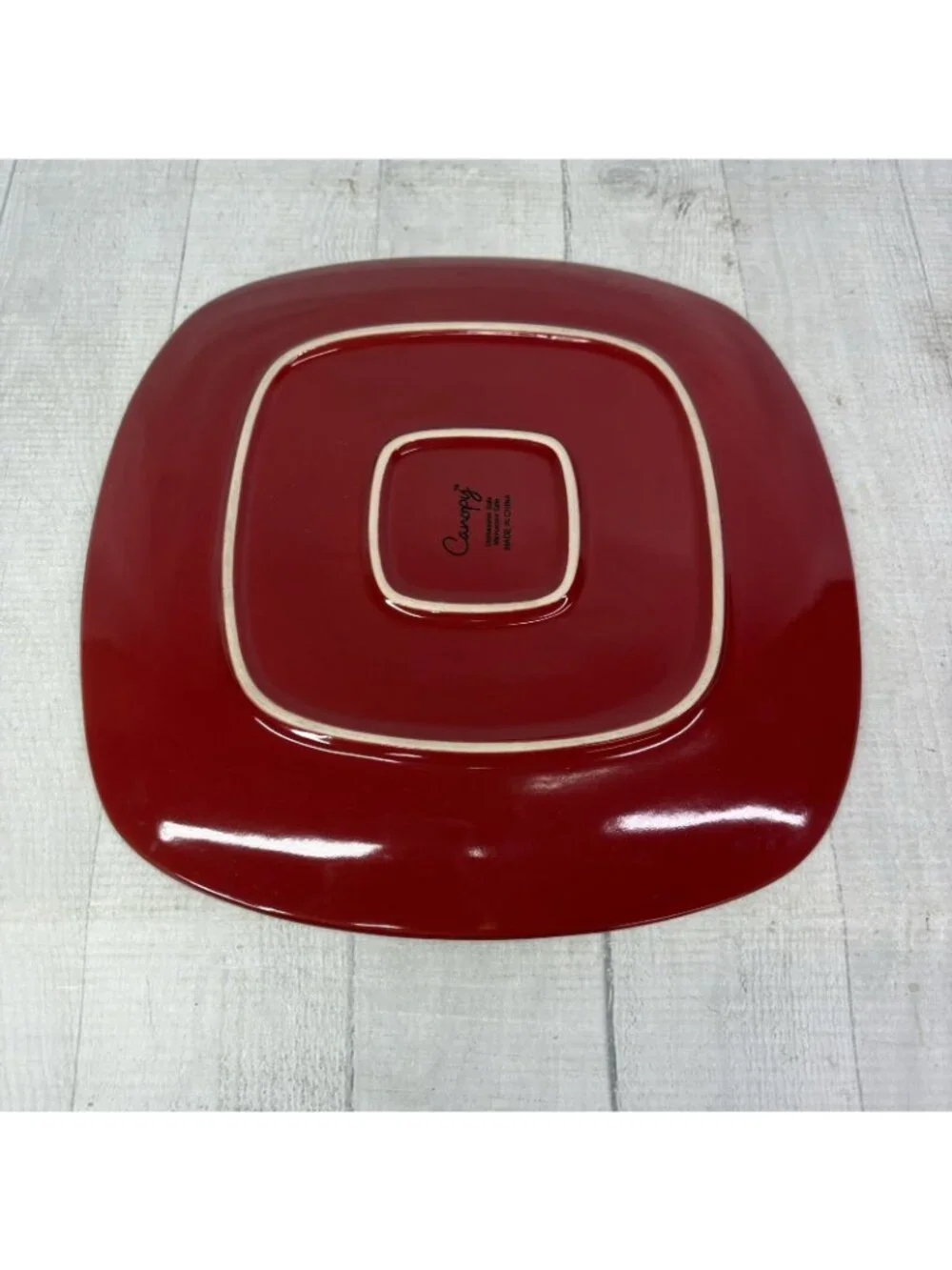 Home Trends CANOPY RED Cranberry Embossed Square Porcelain Dinner Plates Set 4